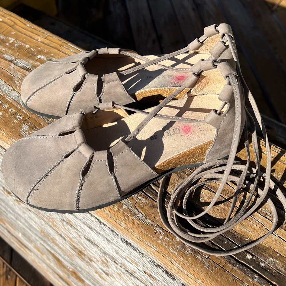 Haflinger Darling Eva Size 39 Gray Brown Ankle Wrap Strap Shoes Birkenstock-like